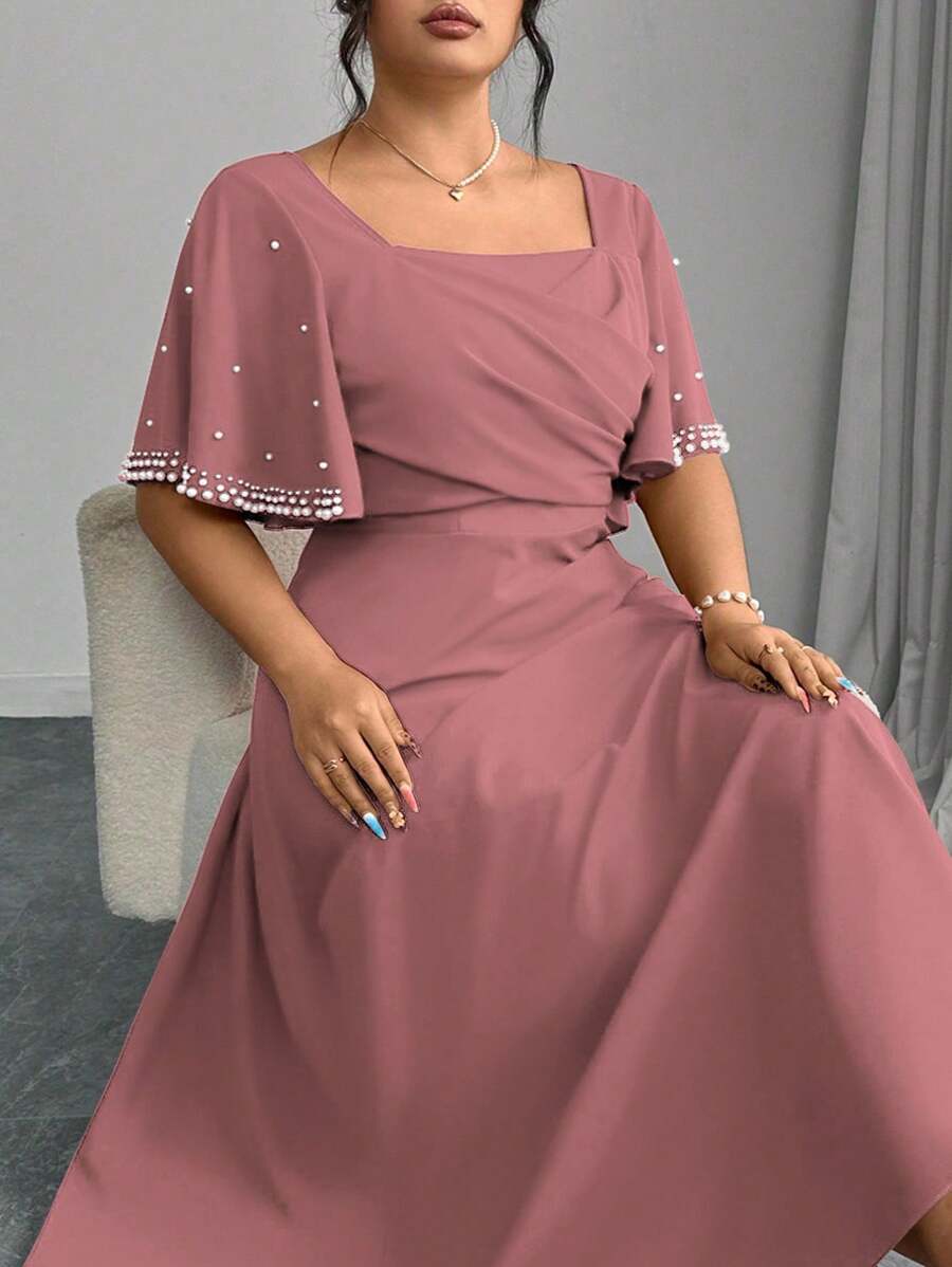 Modelyn Plus Size Red Square Neck Ruched Waist A-Line Pearl Embellished Dress - Pink - View 1