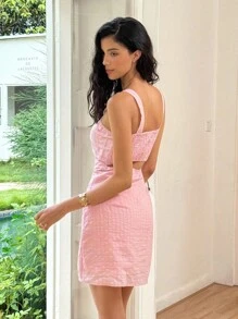 Ria Solene Striped Texture Contrast Lace Backless Short Cocktail Dress - Pink - View 2