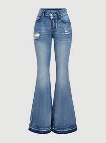 SHEIN MOD Quần Jeans Ống Loe Denim Nữ Có Thêu Hình Cánh Chim - Màu xanh lam - Xem 2