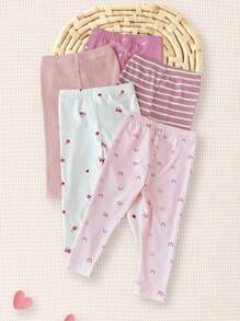 SHEIN Vintaside Kids 5pcs/Set Baby Girls' Casual Rainbow Flower/Stripe/Pattern Print Bottoms, Suitable For Home, Daily Wear In Spring/Summer - Multicolor - View 2