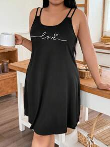 SHEIN Plus Size Casual Letter Print Sleeveless Nightgown - Black - View 1