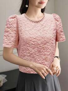 DAZY Women's Elegant Wedding Guest Wear Bubble Sleeve Crew Neck T-Shirt With Pearl Beads, Summer