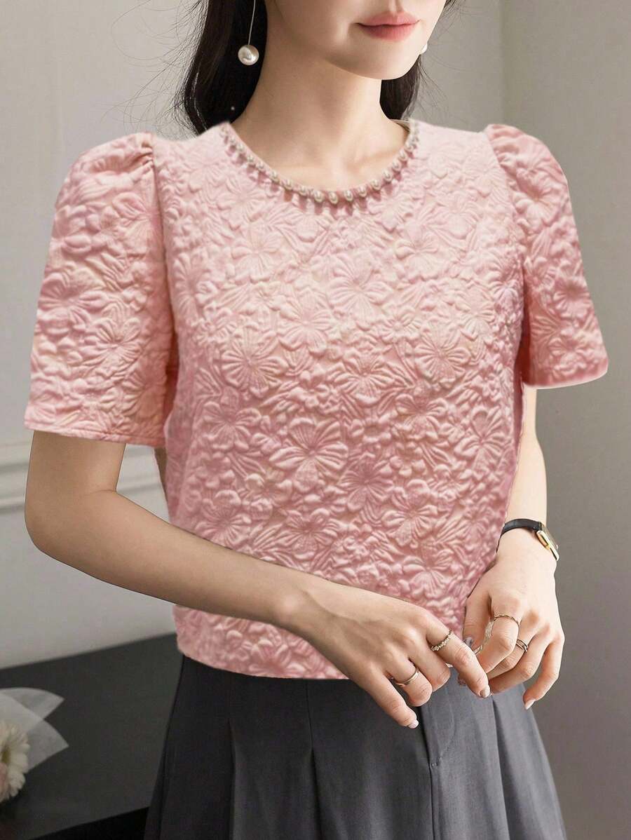 DAZY Women's Elegant Wedding Guest Wear Bubble Sleeve Crew Neck T-Shirt With Pearl Beads, Summer