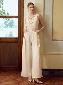 ZEYLAH Jumpsuit Wanita Elegan Minimalis dengan Kancing dan Resleting Setengah, Musim Panas - Aprikot - View 6