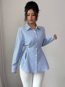 Modelyn Camisa casual de mujer de manga larga con hombros caídos, de un solo pecho y a la cintura, con rayas