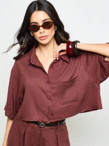 AiiRZ Ensemble chemise courte en lin bouton carré et short taille haute. Ensemble coordonné pour les vacances d'été et la plage - Tabac - Voir 4