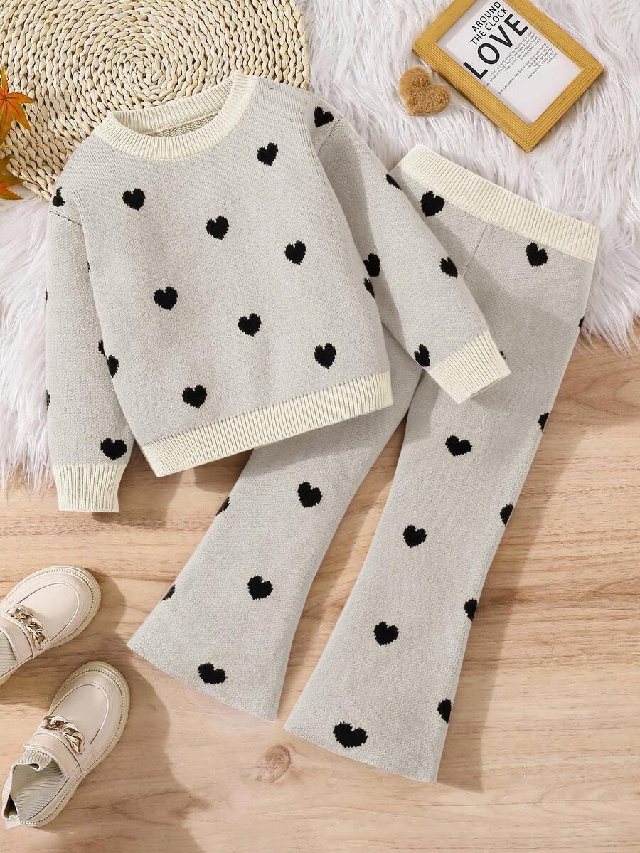 2 Stücke Set für Kleine Mädchen, lockerer Pullover mit Herz-Grafik, Rundhalsausschnitt und taillierte Schlaghose, Pullover-Sets für Mädchen, Strickset für Mädchen, zweiteiliges Set für Kinder, Pullover-Set mit Herz-Motiv für kleine Mädchen, Strickset für Kleinkinder, Winter-Sets für kleine Mädchen, süße Sets für Kinder, Schulanfang, Pullover-Sets für Kleinkind Mädchen, Kombiset für Mädchen, Kleidungssets für Mädchen, Herbstpullover - Aprikosenfarben - Übersicht 1