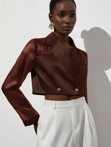Aveloria Modichic Versatile Elegant Commute Simple Fashion High-End Organza Satin Patchwork Translucent Metallic Button Decor Women Short Lightweight Blazer - Coffee Brown - View 4