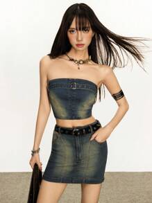 Rina Fox 女式夏季孔眼扣短款牛仔吊带背心 - 藍色 - 查看 8