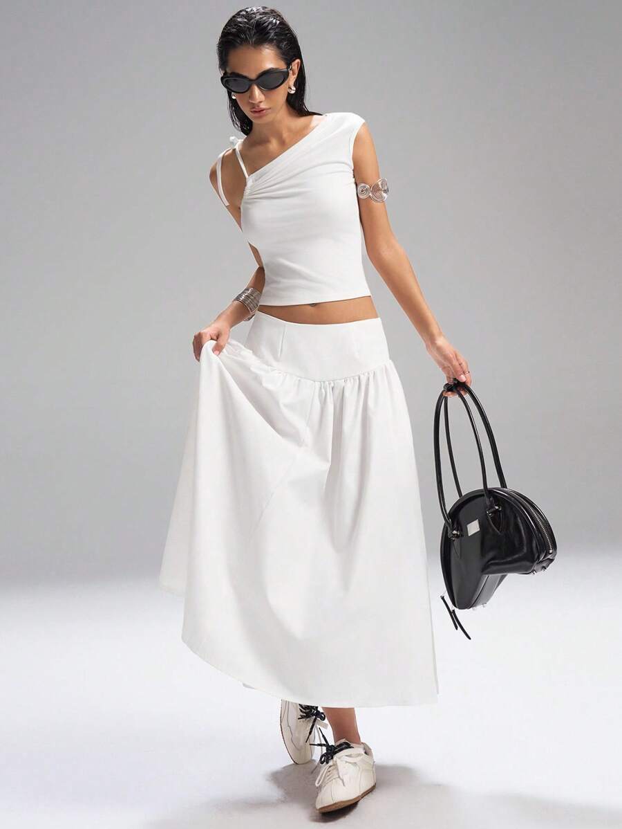 LYSMO Women's White High Waist Long Skirt, Casual Commuter Summer - White - View 1