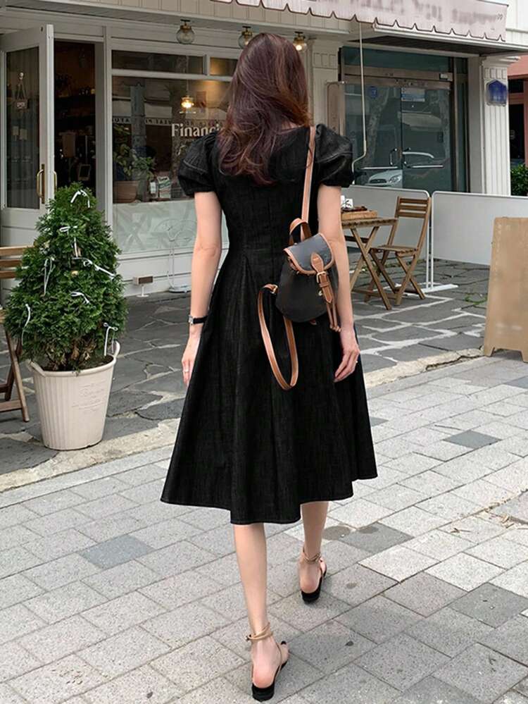 Women's Solid Color Round Neck Waist Cinched Puff Sleeve A-Line Short Denim Dress Summer Women Dresses Sundress