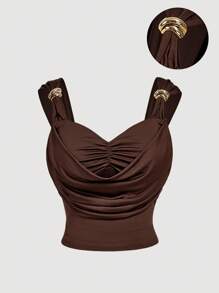 SHEIN MOD 加大码棕色无袖上衣，金属装饰，正面褶皱设计，针织弹力衬衫 T 恤，百搭咖啡棕色上衣，短款上衣，摩卡棕色棕色褶皱上衣深棕色上衣巧克力棕色上衣棕色垂坠上衣，复古，返校