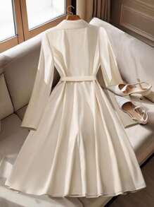 Lyxana Women's Solid Color Lapel Collar Long Sleeve Double-Breasted Elegant Office Midi Dress Fall Cloth For Women - Apricot - View 2