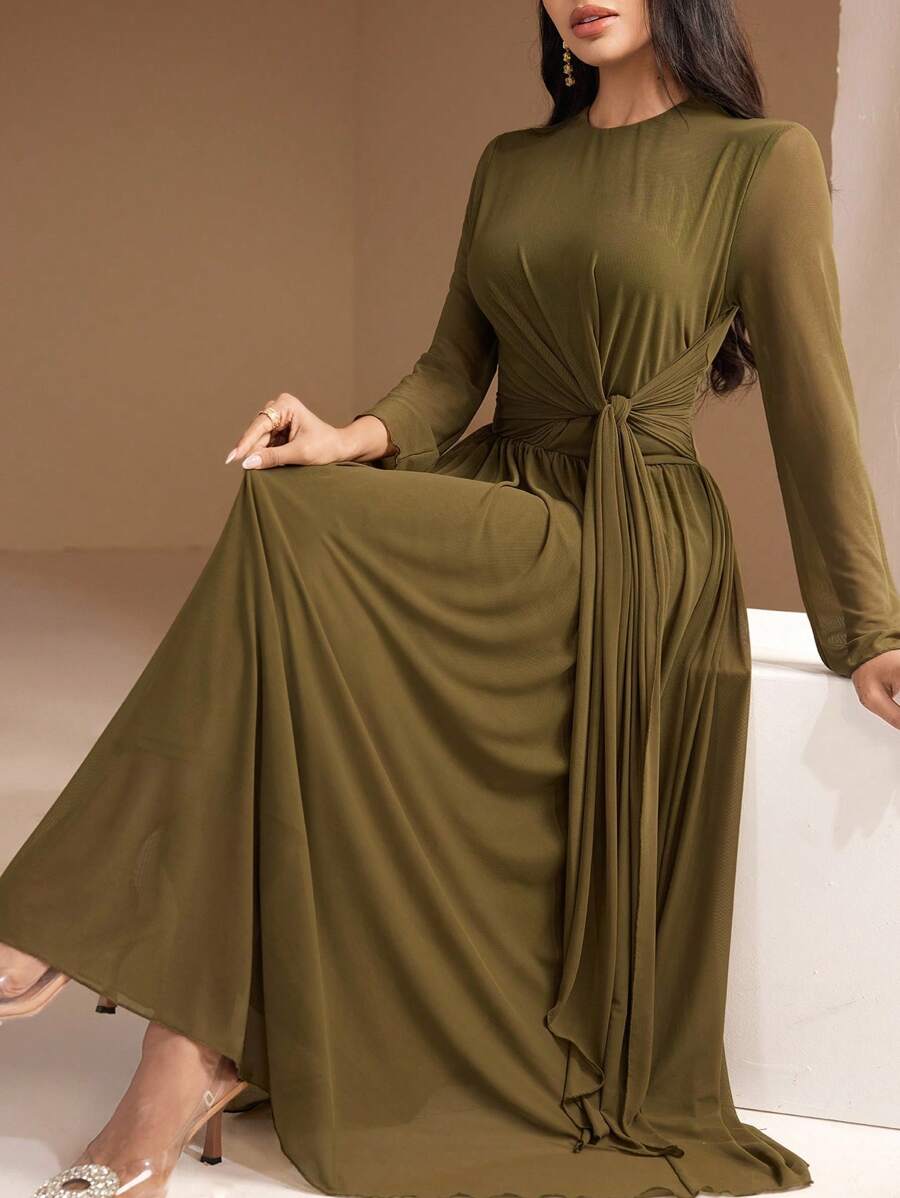 Veilorie Tie Strap, Bow, Ruffle Trim Flowing Dress For Summer Beach Vacation - Army Green - View 1