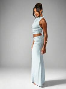 MISSGUIDED Halter Neck Ruched Crop Top And High Waisted Maxi Skirt Festival Evening Party Wedding Guest Co-Ord Set - Baby Blue - View 3