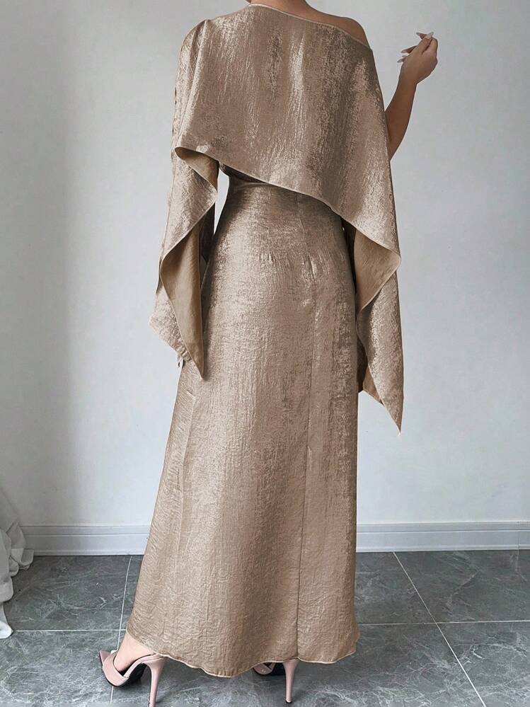Chiquease 金色纯色不对称领口中长连衣裙女装 - 咖啡 - 查看 2