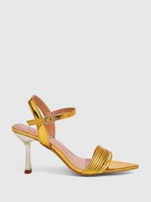 CUCCOO SZL 女士金色金属带细高跟时尚凉鞋，性感优雅经典百搭，适合约会、办公室、正式场合 - 金色 - 查看 10