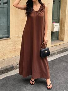 Breezaya Women's Sleeveless Solid Color Long Casual Summer Dress - Coffee - View 7