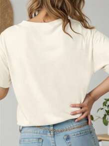 SHEIN EZwear 大码女式休闲美国国旗蝴蝶结、樱桃和字母印花宽松落肩T恤，夏季 - 杏色 - 查看 2