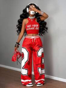 Slaydiva Women's 2 Pieces Outfit Red And White Summer Grunge Birthday Sports Style Round Neck I-Shaped Vest Slogan Letter Print Wide-Leg Pants Set - Red - View 6