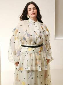 Anewsta Plus Size Elegant Polka Dot Ruffle Trim Casual Shirt