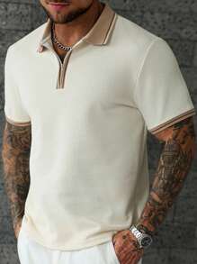 Manfinity CasualCool 男士杏色条纹 Polo 衫，带拉链细节，适合网球和高尔夫，拉链纹理 Polo 衫，Old Money - 杏色 - 查看 4