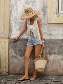 Brillora Fringe Trim Open Front Vest Summer Jacket In Fall/Winter