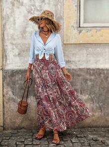 Brillora Paisley Print Ruffle Hem Skirt Without Belt