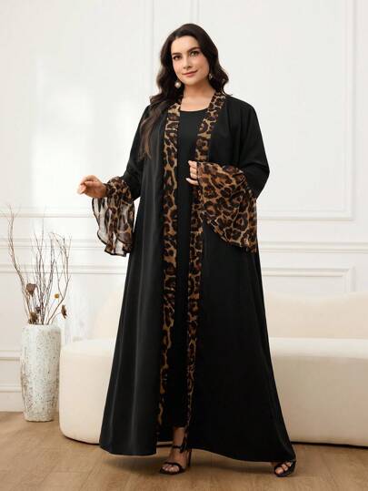 Al Najma Damen Große Größen Leoprint Patchwork Glockenhülse Robe Arabischer Stil Outfit