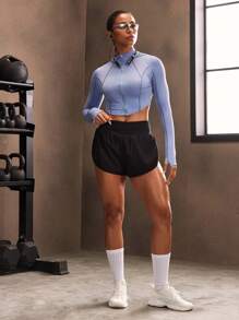 Powerista Women's Plain Raglan Sleeve Hooded Zip Front Athletic Jacket, Fitted - Dusty Blue - View 6