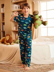 Conjunto de pijama con estampado de animales lindos para niños preadolescentes Dinosaurio - Azul Marino - Ver 5