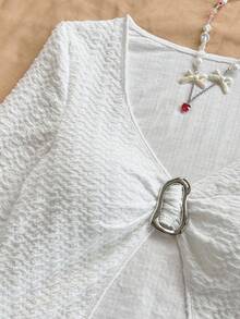 Soleia 女式休闲白色针织纹理露背系带金属扣合身不对称下摆长袖 T 恤，波西米亚风，波西米亚风，浪漫花卉，度假风，花卉 - 白色 - 查看 6