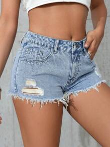 SHEIN 大码女式牛仔破洞浅蓝色牛仔迷你短裤，性感休闲夏季短裤
