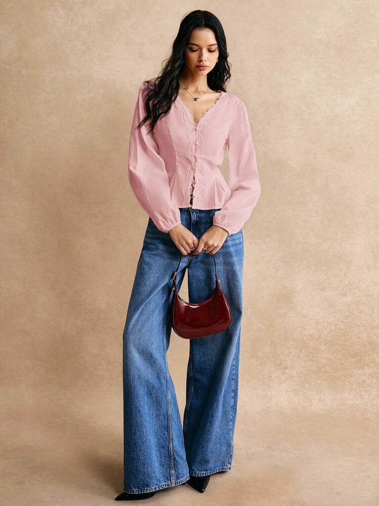 Poéselle Camisa con botones y detalle de cintura con encaje elegante, manga larga, camisa de cintura, blusa de encaje, camisa de algodón, detalle elegante de la cintura, para salida de trabajo diaria, esencial de estilo elegante y sencillo, Otoño Invierno 2024, Moda Femenina de Otoño - Rosa - Añade 4