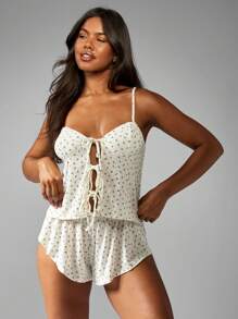 MISSGUIDED 花卉印花荷叶边吊带睡衣套装，正面系带，可调节肩带，家居服，睡衣，秋季服装 - 彩色 - 查看 3