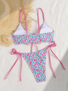Swim Mod Conjunto de bikini de estilo de vacaciones lindo con estampado floral Ditsy, tanga con nudo para mujer para verano, playa y festivales de música, accesorios con diseño de caracol