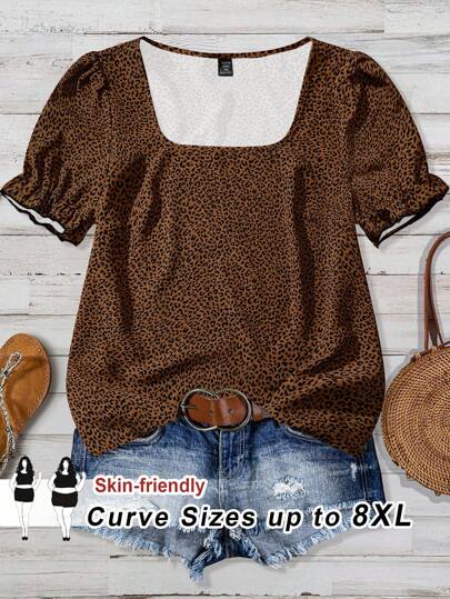 SHEIN CURVE+ Women's Oversized Casual Vacation Loose Leopard Print Short Sleeve Shirt, Summer