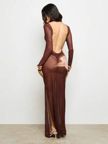 AiiRZ 长袖网眼长裙露背晚礼服抽象花卉印花婚礼招待会派对礼服正式舞会礼服 - 棕色 - 查看 2