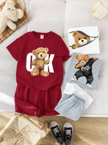 SHEIN 6pcs/Set Kids Boys & Girls Cute Casual Fashion Personalized Teddy Bear Print T-Shirt & Loose Shorts Sets, Multi-Piece Suit, Suitable For Everyday Wear, Sports, Outings, School, Gatherings, Festivals, Performances, Photos, Spring/Summer - Burgundy - View 1