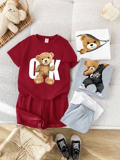 SHEIN 6pcs/Set Kids Boys & Girls Cute Casual Fashion Personalized Teddy Bear Print T-Shirt & Loose Shorts Sets, Multi-Piece Suit, Suitable For Everyday Wear, Sports, Outings, School, Gatherings, Festivals, Performances, Photos, Spring/Summer