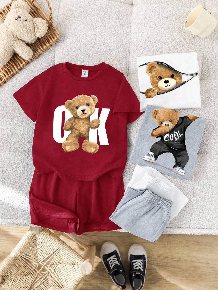 SHEIN 6pcs/Set Kids Boys & Girls Cute Casual Fashion Personalized Teddy Bear Print T-Shirt & Loose Shorts Sets, Multi-Piece Suit, Suitable For Everyday Wear, Sports, Outings, School, Gatherings, Festivals, Performances, Photos, Spring/Summer - Burgundy - View 1