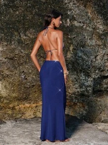 Opulessa Women's Solid Color Swimsuit Set For Vacation & Beach - Blue - View 2