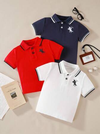 SHEIN Ensemble 3 pièces de chemise polo à manches courtes mode classique pour jeune garçon de 4 à 7 ans, convient pour le printemps et l'été