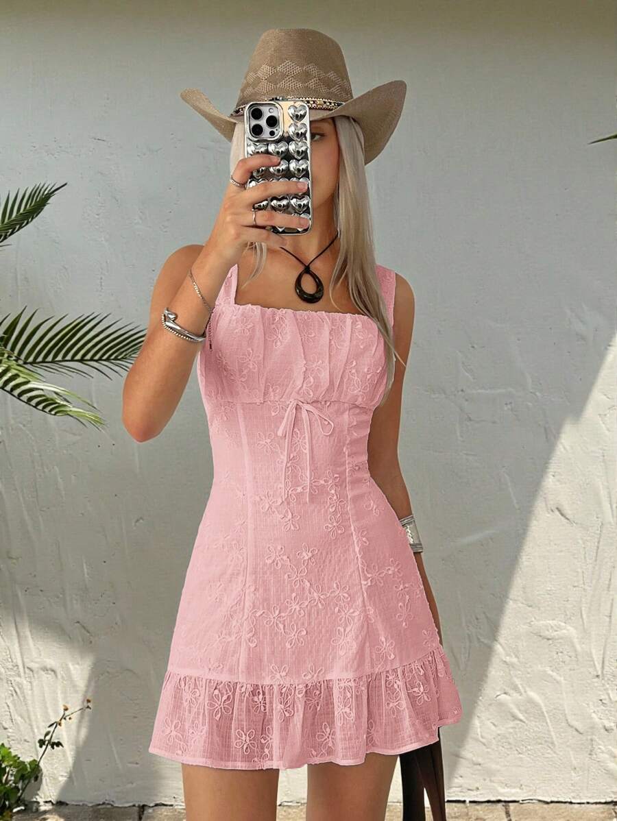 Easelle Elegant Pink Mini Dress With Flounce Hem And Comfortable Sleeveless Design Pink Embroidered Dress - Pink - View 1