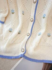 Regalyn Plus Size Casual Floral Embroidery Trim Front Button Knitted Cardigan Winter Fall Autumn