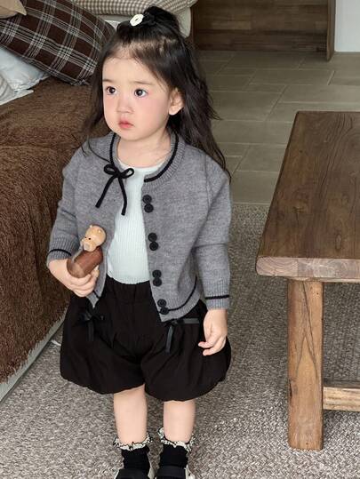 DAZY 女婴蝴蝶结装饰单排扣开衫，秋冬季幼儿女童服装