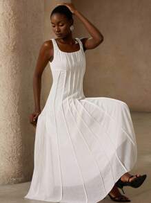 Aveloria Rosie Robe élégante sans manches pour femmes avec design de taille à patchwork, volants, bretelles à bulles et texture florale minimaliste romantique - Blanc - Voir 3