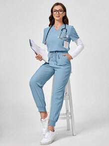 TaskEZ Oblique Shoulder Plain V-Neck Short Sleeve Top And Pants Scrub Uniform Set - Teal Blue - View 3