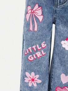 Young Girls Oversized Loose Flare Fit Cute Printed Washed Denim Jeans, School, Campus, College Summer Holiday - Medium Wash - View 6
