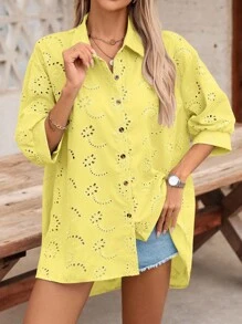 EMERY ROSE Women's Casual Vacation Style Solid Color Schiffy Loose Drop Shoulder Shirt, Spring/Summer - Yellow - View 5